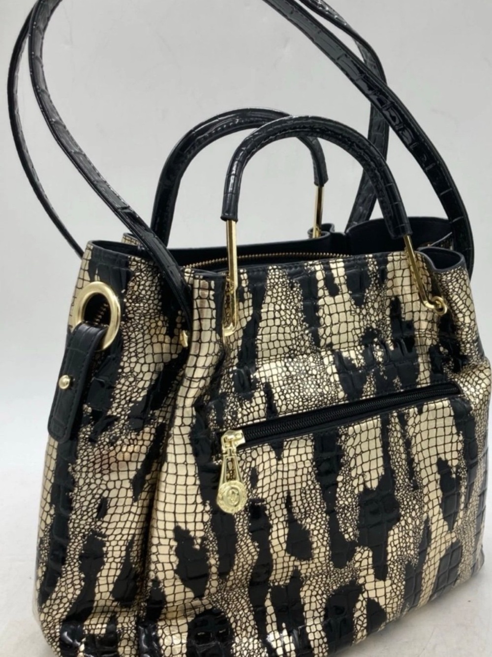 St. Wei Jia Black & Gold Faux Croc Pattern Satchel With Shoulder Strap